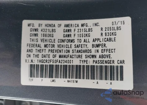 2015 Honda Accord Sport from USA, damaged, VIN 1HGCR2F50FA234001